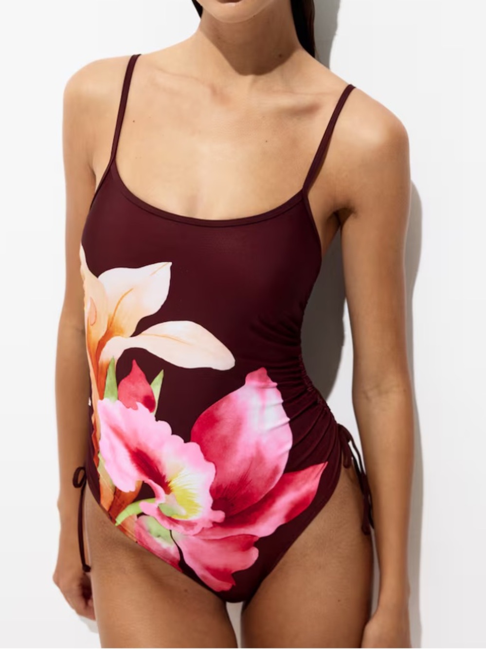 H&M Floral Ruched One-Piece Swimsuit - Burgundy
